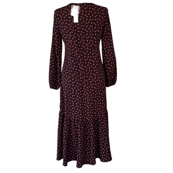 NWT TOPSHOP Ditzy Rose Button Front Midi Prairie Dress Women’s 8 Black Red - Picture 3 of 13